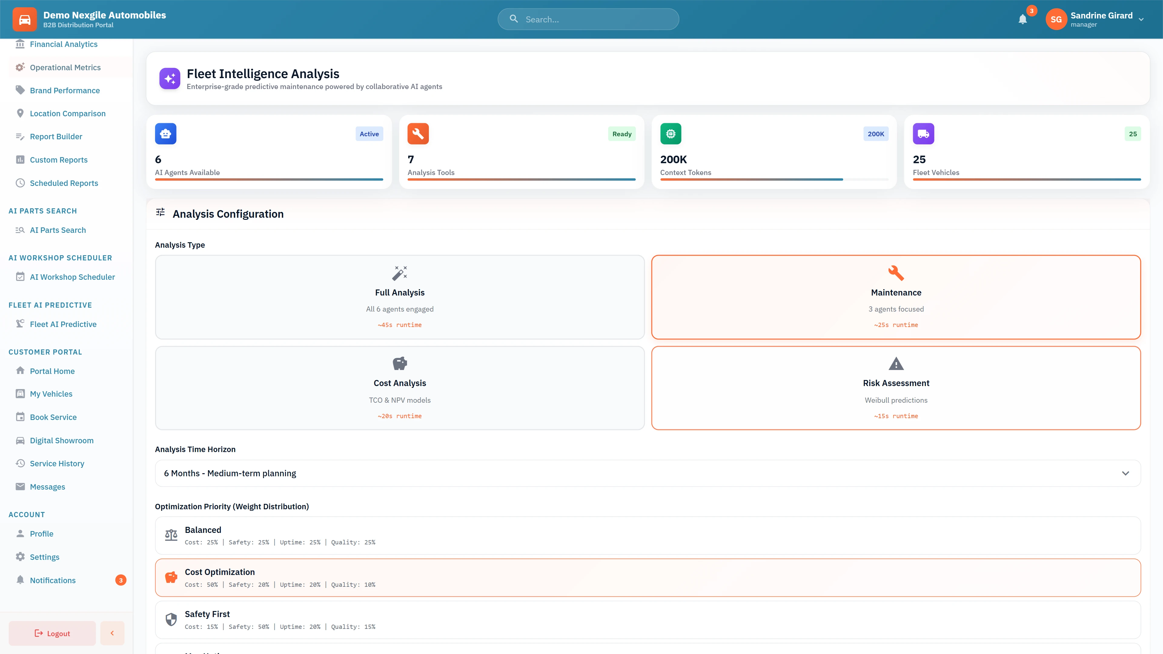 Fleet Intelligence Configuration - Analysis type selection (Full Analysis, Maintenance, Cost Analysis, Risk Assessment) with 6 AI agents, 7 analysis tools, configurable time horizons, and optimization priority settings